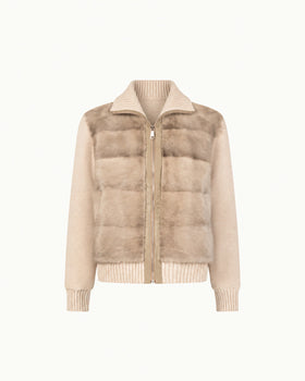Mink Puffer Knit Jacket in soft sand, front view showing the mink panel